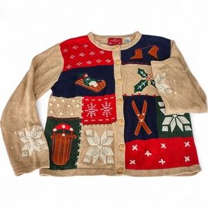 HolidayLodge Northcrest Festive Button-up Christmas Holiday Cardigan Sz M 10/12